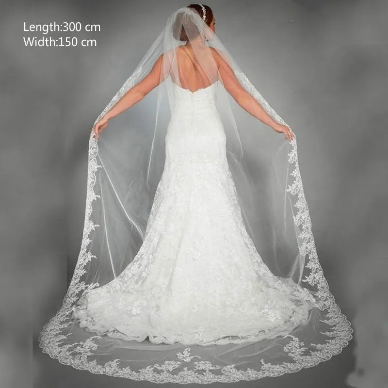 Amy - Lace Edge Tulle Long Cathedral Wedding Veil